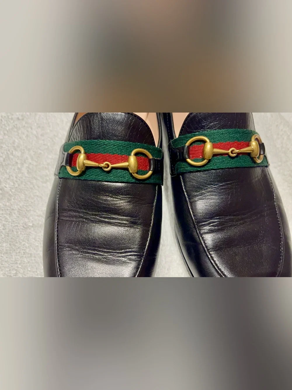 Authentic Gucci Black Leather Loafers with Green-Red Web and Gold Horsebit - Picture 5 of 16